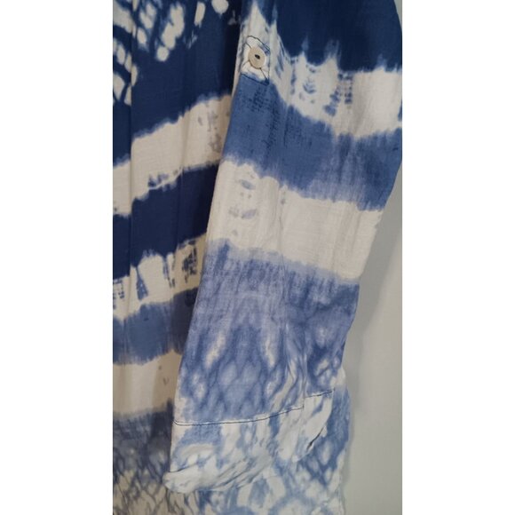 Beach & Boho Large Blue White Tie Dye Cotton Button Up Travel Pool Vacation Top - Picture 3 of 7